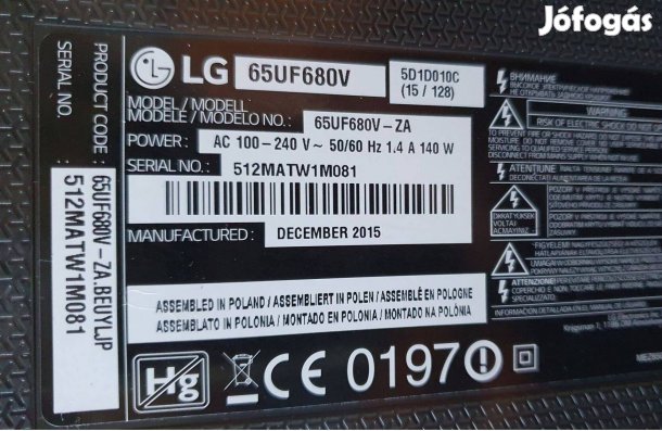 LG 65UF680V LED tv hibás törött, mainboard elkelt 6870C-0547A