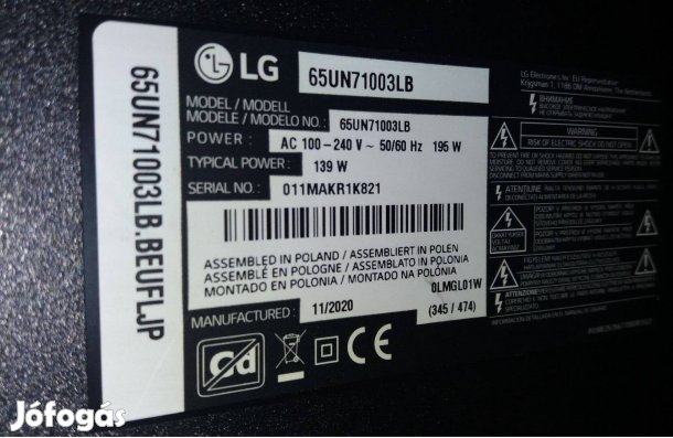 LG 65UN71003LB 4K UHD Smart LED tv hibás törött alkatrésznek LJ20
