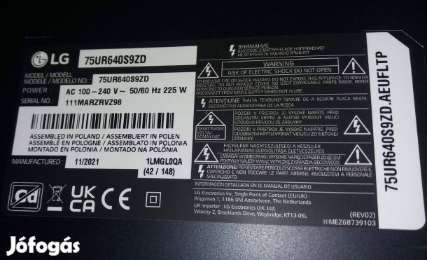 LG 75UR640S9ZD LED LCD tv UHD 4K hibás törött tv alkatrésznek