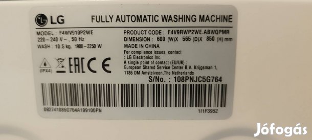 LG F4WV910P2WE típusú Alkatrésznek elöltöltős mosógép 10,5kg ki
