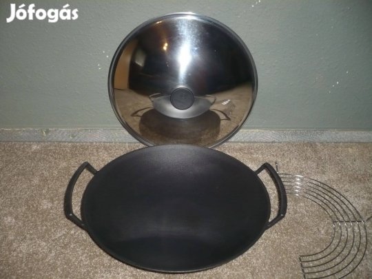 Le Creuset 36 cm.-s öntött vas Wok ráccsal, fedővel, új állapotú