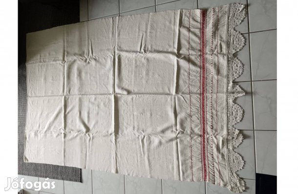 Len asztalterítő régi retro vastag szőttes - horgolt végű ágytakaró