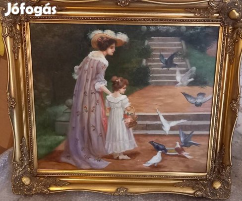 Lenyűgöző Romantikus Olajfestmény Anya és Gyermek Galambokkal Festmény
