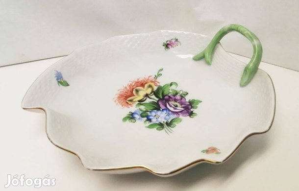 Levél forma, virág mintás aranyozott peremű Herendi porcelán tálca