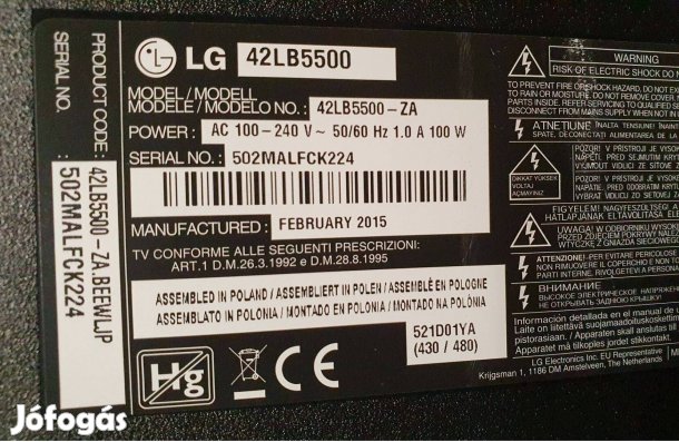 Lg 106cm LED tv panelek 42LB5500 Kijelző elkelt!