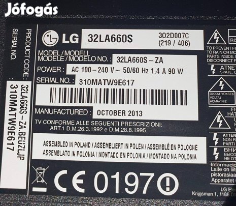 Lg 32LA660S LED tv hibás törött alkatrésznek,mainboard elkelt