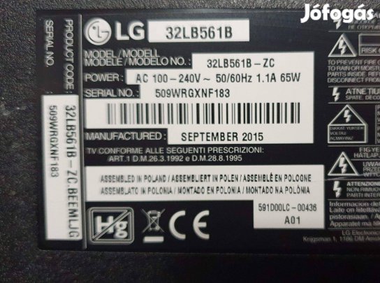 Lg 32LB561B LED LCD tv hibás törött alkatrésznek eladó