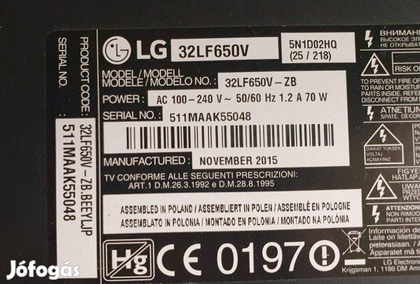 Lg 32LF652V LED tv hibás törött alkatrésznek eladó