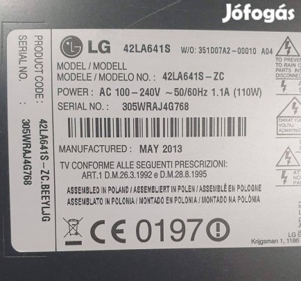 Lg 42LA641S LED LCD tv hibás törött alkatrésznek eladó, main elkelt