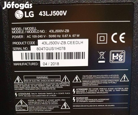 Lg 43LJ500V LED tv hibás törött alkatrésznek main,hangszóró elkelt