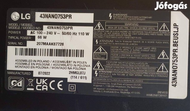 Lg 43Nano753PR LED tv törött alkatrésznek 43Nano753 LJ21