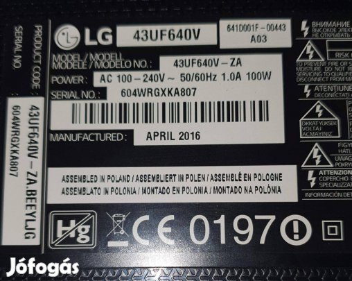 Lg 43UF640V LED LCD tv hibás törött, mainboard elkelt 6870C-0552B