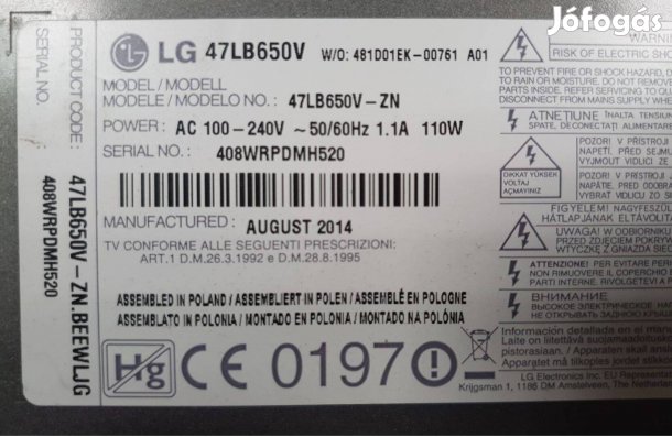 Lg 47LB650V LED tv wifi / Bt panel Lgsbw41eladó
