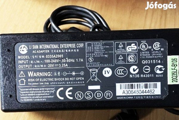 Li Shin 0335C2065, LSE9901A2070 laptop töltő adapter - 65W (20V 3.25A)