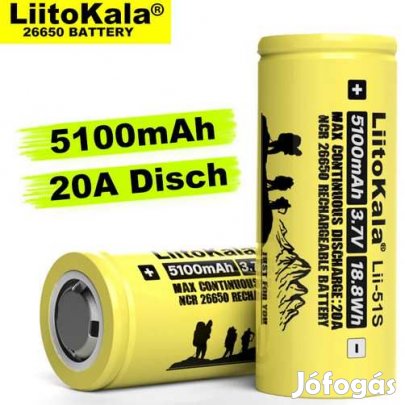 Liitokala Li-ion 3.7V 26650 5100mAh 20A Hegesztett Füllel (5604)