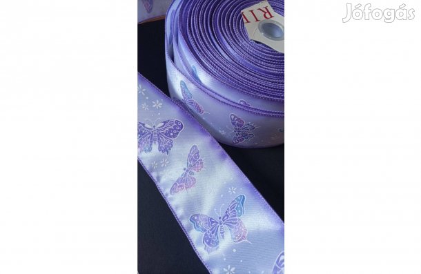 Lila lepke mintás selyem/szatén szalag, drótos szegéllyel