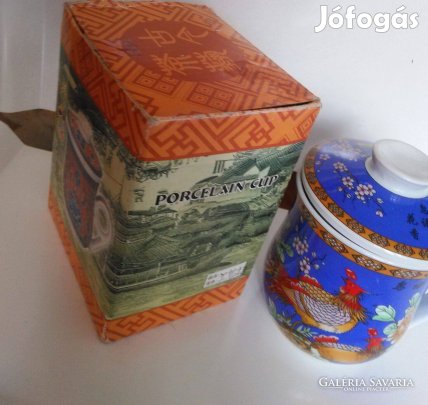 Lótusz virág mintás kínai teás csésze fedéllel szűrővel