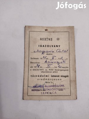 MÁV tűzvédelmi vizsga eredményességét hitelesítő igazolvány