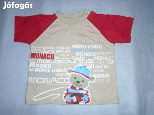 Maci mintás barna és piros póló 3-6 hó (méret 68)