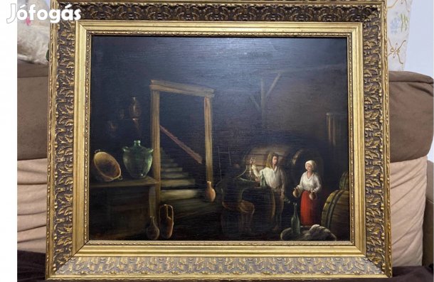 Madarász Gábor: Borpince, 62x52 cm olajfestmény