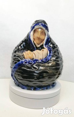Madonna, ölében Jézuskával mázas kerámia szobor, egyedi műtárgy