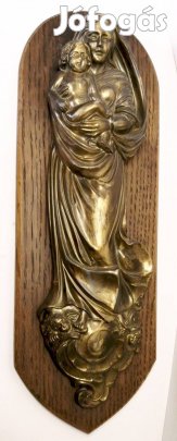 Madonna a Jézuskával. Falra akasztható fa hátlapos ón relief bronz bev
