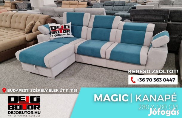 Magic L kék rugós kanapé ülőgarnitúra sarok 280x180 cm ágyazható ágyn