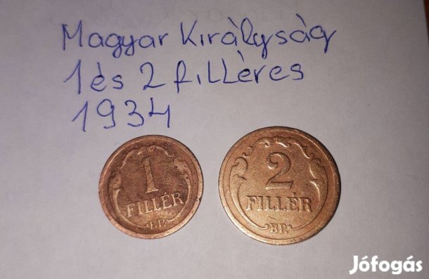 Magyar Királyság 1 és 2 fillér 1-1 darab