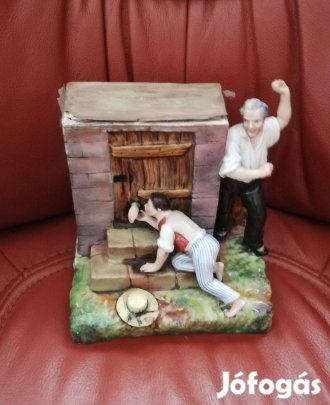 Majolika porcelán karikatúra jelenettel szivartartó!