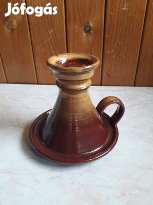 Mázas, barna kerámia gyertyatartó