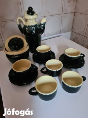 Mázas kerámia kávés készet - kiöntő, cukor tartó, 6 csésze aljjal