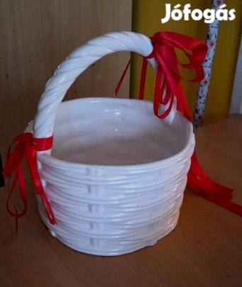 Mázas kerámia vesszőkosár, fehér, nagyméretű