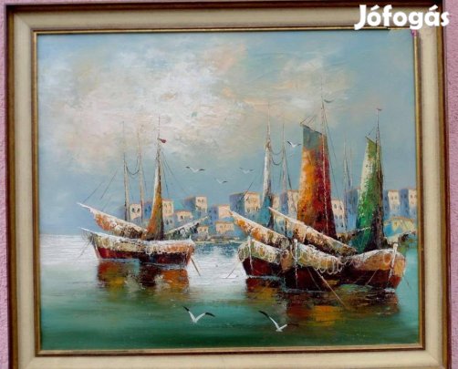 Mediterrán kikötő halász vitorlásokkal, és sirályokkal, keretezett imp