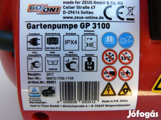 Megbízható kerti szivattyú 3100liter/óra teljesítménnyel, garanciával