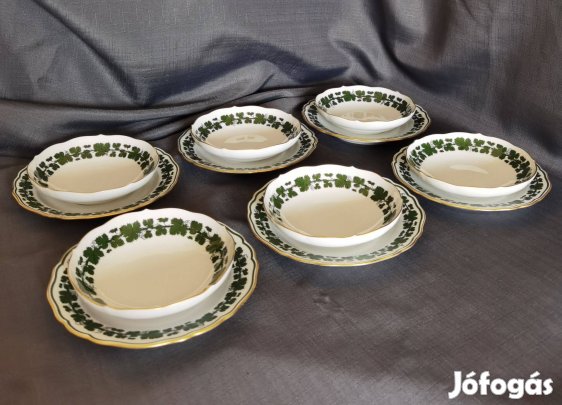 Meissen zöld szőlőleveles tányérkészlet, arany szegéllyel (12 db)