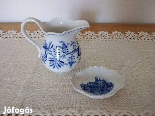 Meisseni porcelán tejkiöntő és tálka kézzel festett kardos 