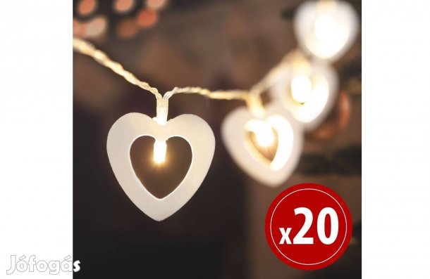 Melegfehér Fényfüzér LED - szív - 20 LED - 2,85 m - 2 x AA elemes