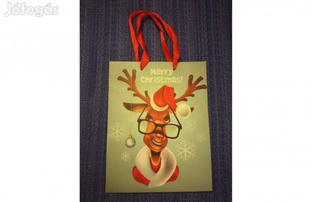 Merry Christmas szemüveges rénszarvas mintás ajándéktasak (22,5X18 cm)