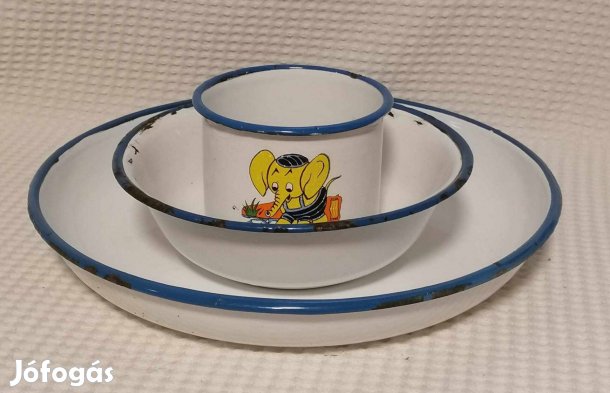 Mesefigurás Régi "Bonyhádi" 3 Darabos Zománcos / Zománcozott Szett