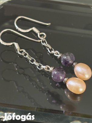 Mesés ezüst fülbevaló pár, Ametiszt, és édesvízi Gyöngye