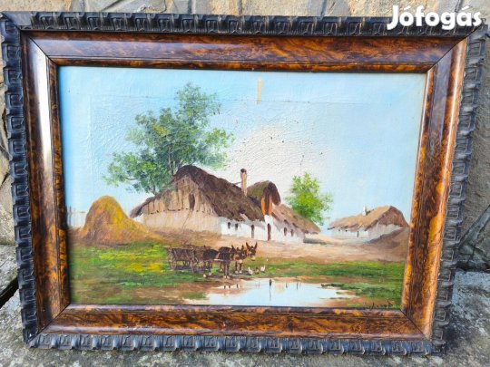 Mesterházy Dénes , szamárfogat a tanyán , festmény