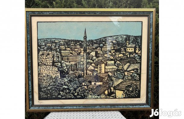 Mészáros Lajos: Eger, színezett linómetszet keretben