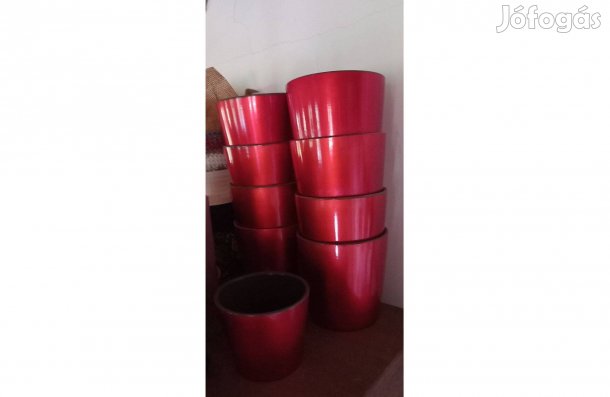 Metál piros Kerámia kaspó 13x13 cm - Új, 5 db