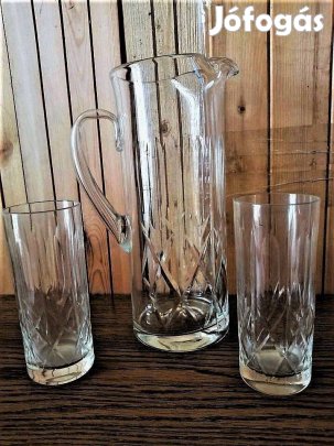 Metszett üveg elegáns kancsó 1,5 literes + 2 pohár