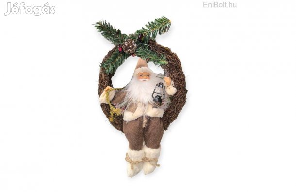 Mikulás fa karácsonyi ajtódísz koszorú barna kabáttal és lámpással 30c