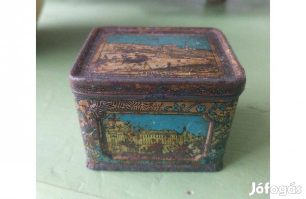 Mini méretű régi festett teás vagy dohány fémdoboz, oldalán a Petőfi s