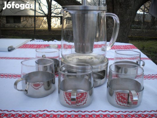 Minimál, art deco üveg teás készlet melegentartóval