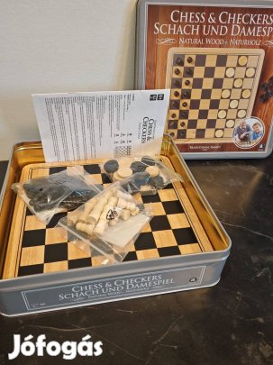 Minőségi Fa Sakk és Dáma készlet stílusos fémdobozban Újszerű