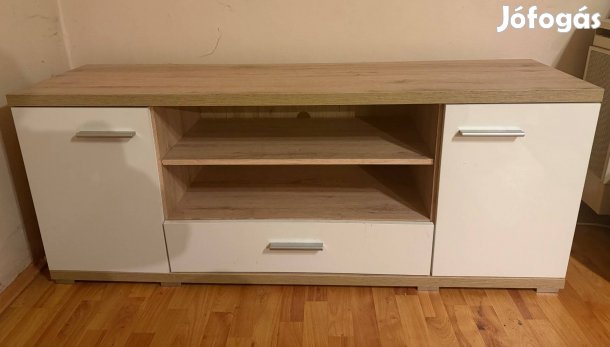 Modern Fehér TV Állvány Üvegpolccal És Zárt Tárolókkal