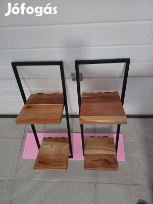 Modern indusztriális akácfa fali polc, fekete acélvázzal, 2 db